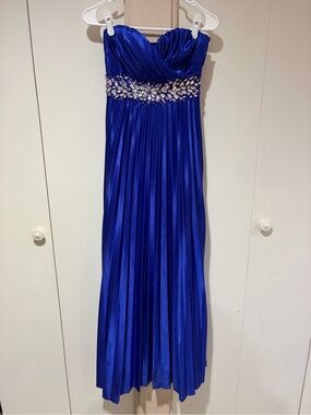 Royal Blue Pleated Strapless Prom Gown – Rhinestone Imperial Waist Maxi Size 3